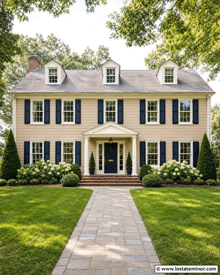Beige House With Navy Front Door Portico - 30 Beige House Design With Portico Ideas