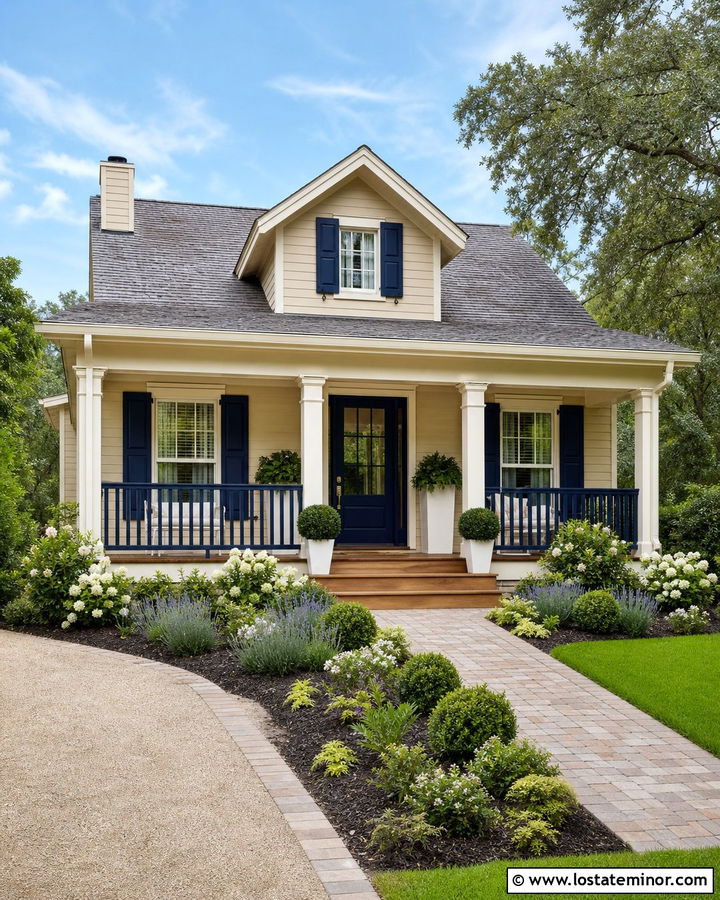 Beige House With Navy Porch Railings - 30 Beige House Design With Railings Ideas
