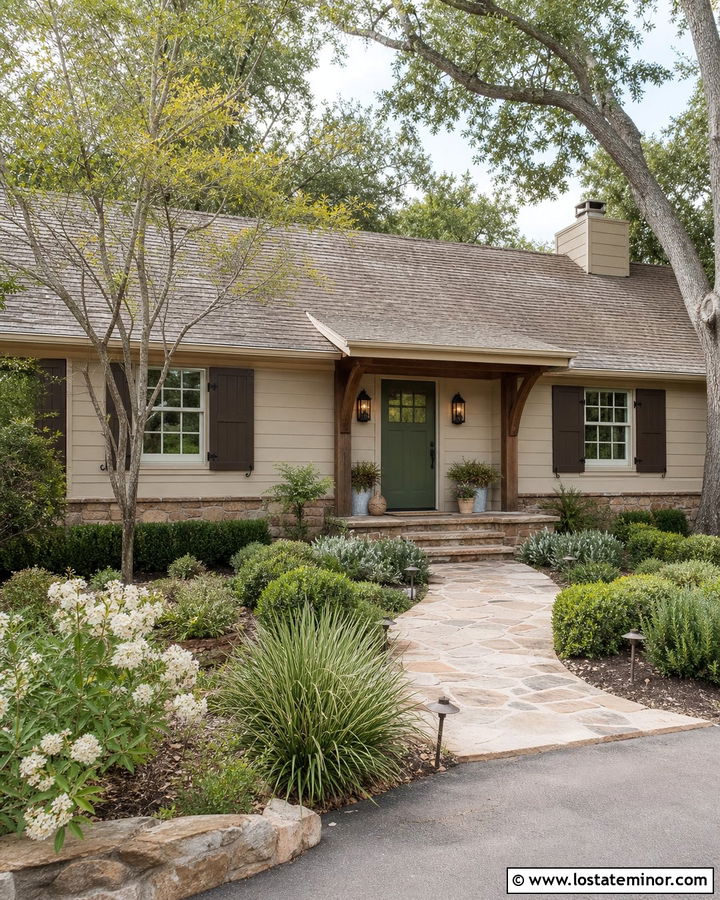 Beige House With Olive Green Front Door - 30 Beige House Design With Accents Ideas