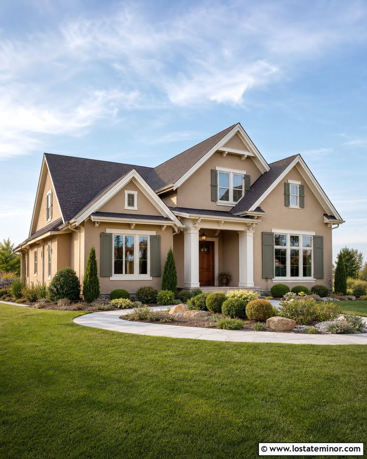 Beige House With Olive Shutters And Layered Shrubs - 30 Beige House Design With Front Yard Ideas