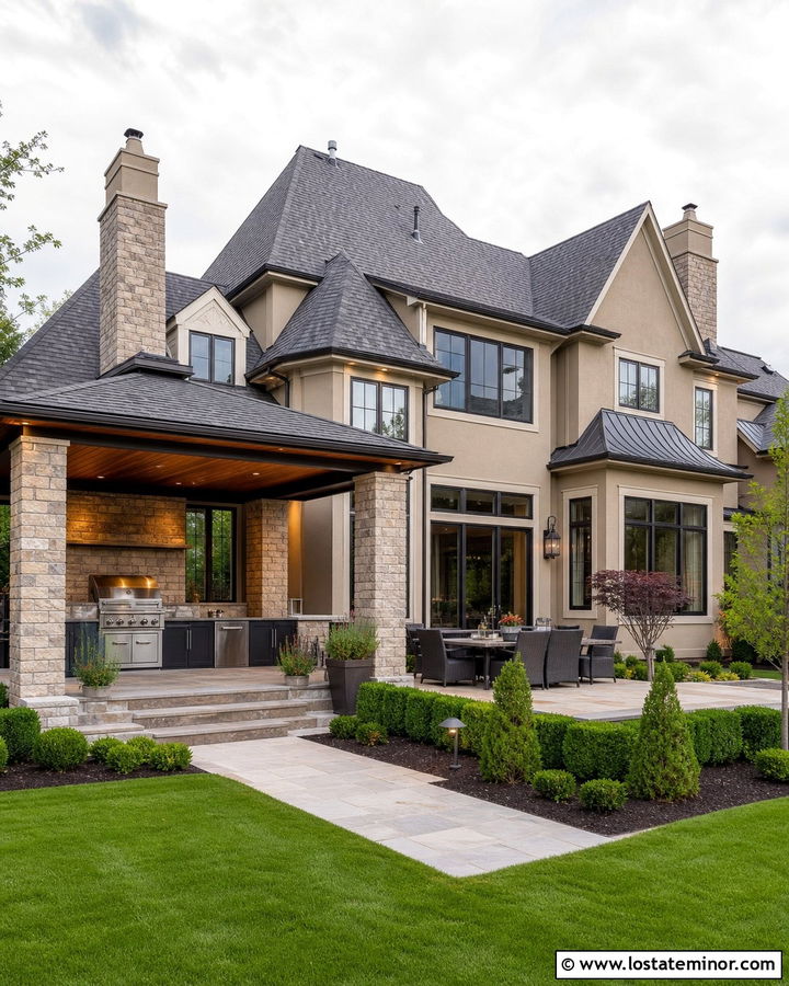 Beige House With Outdoor Kitchen - 30 Beige House Design With Backyard Ideas