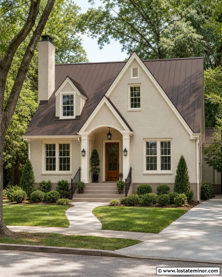 Beige House With Painted Brick Foundation - 30 Beige House Design With Brick Accents Ideas