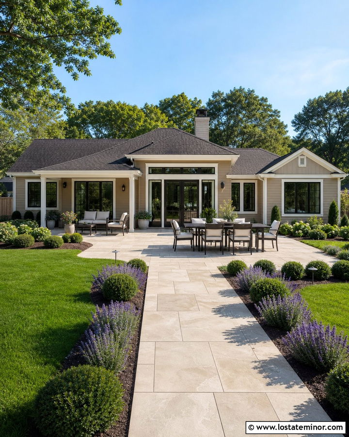 Beige House With Paver Patio - 30 Beige House Design With Backyard Ideas