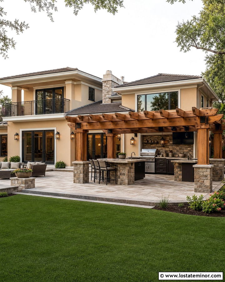 Beige House With Pergola And Outdoor Kitchen - 30 Beige House Design With Pergola Ideas