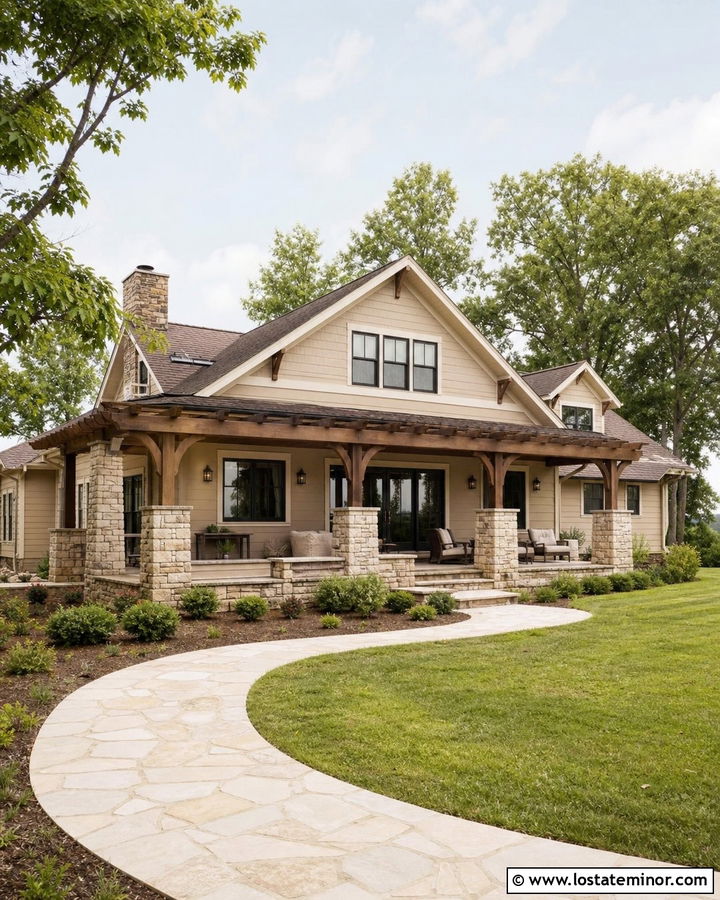 Beige House With Pergola And Stone Columns - 30 Beige House Design With Pergola Ideas