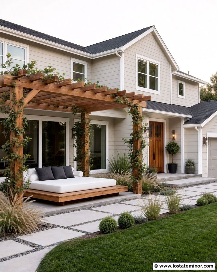 Beige House With Pergola Daybed - 30 Beige House Design With Daybed Ideas