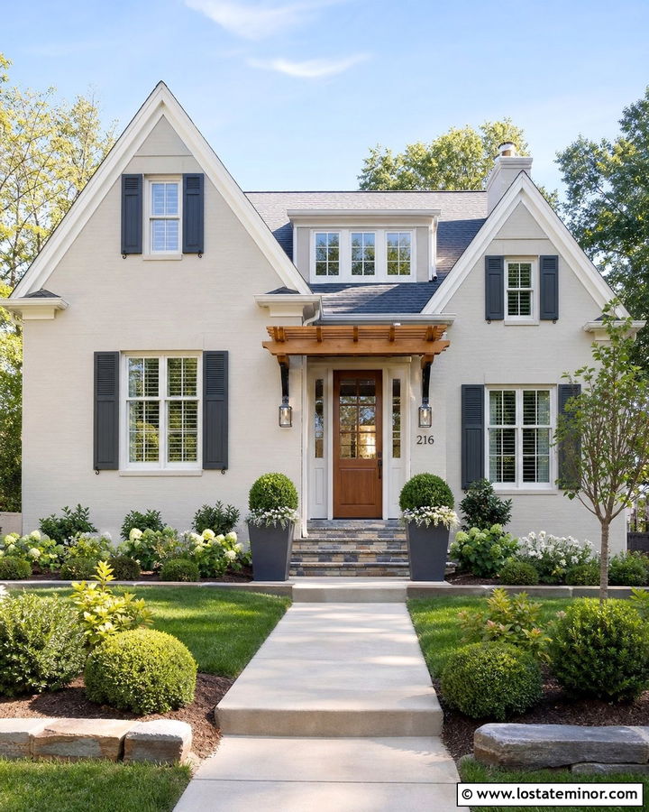 Beige House With Pergola Over Front Door - 30 Beige House Design With Pergola Ideas