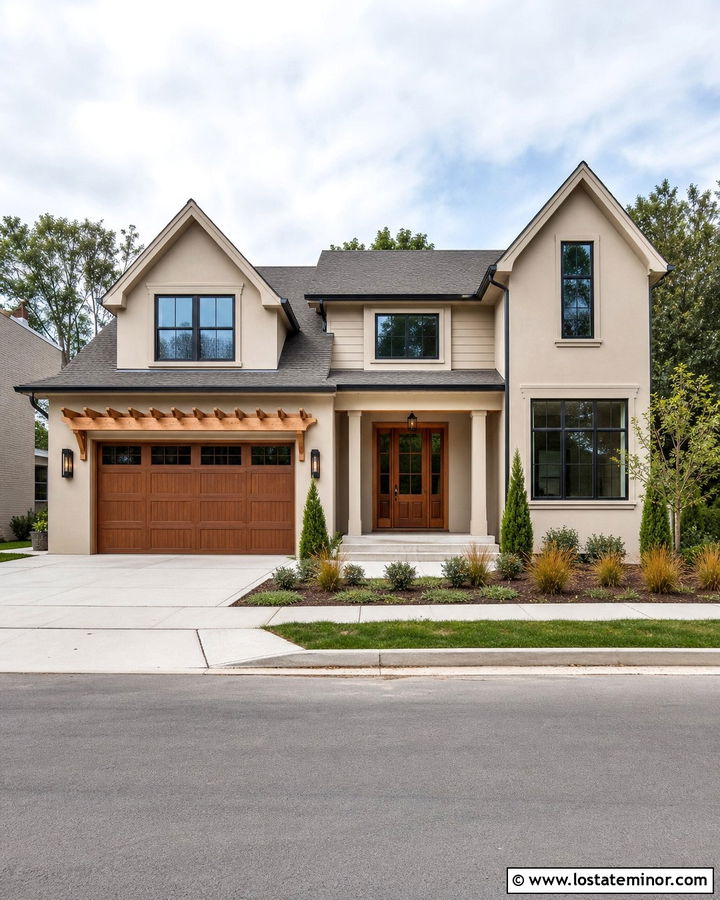 Beige House With Pergola Over Garage - 30 Beige House Design With Pergola Ideas