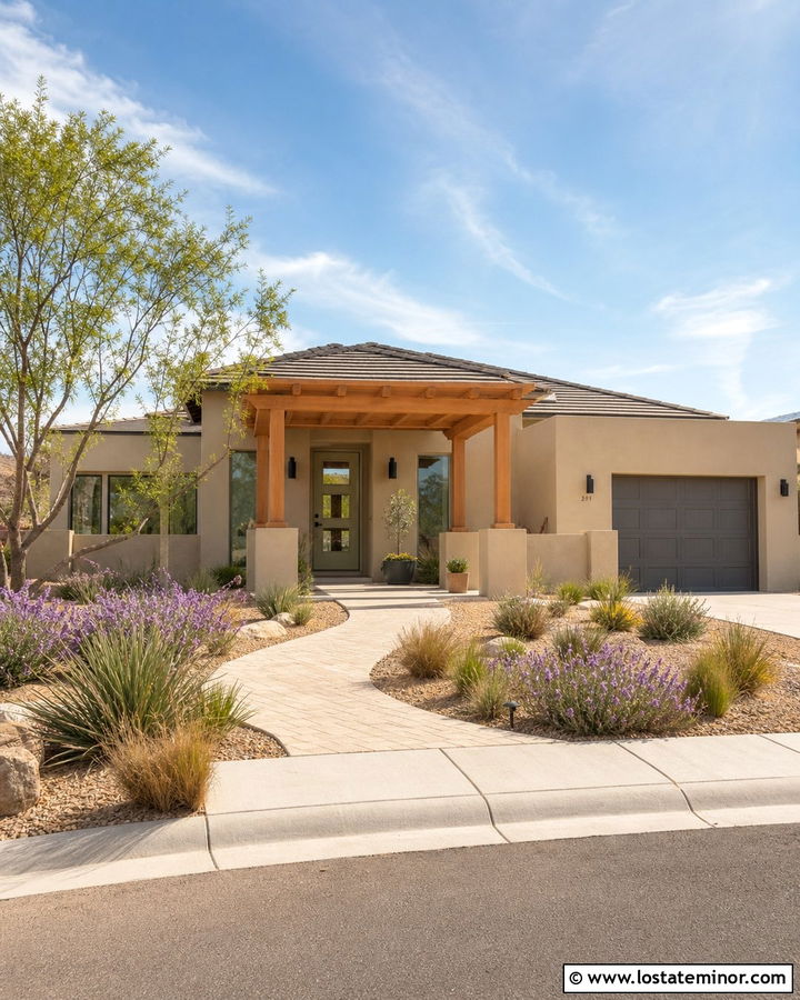 Beige House With Pergola Portico - 30 Beige House Design With Portico Ideas