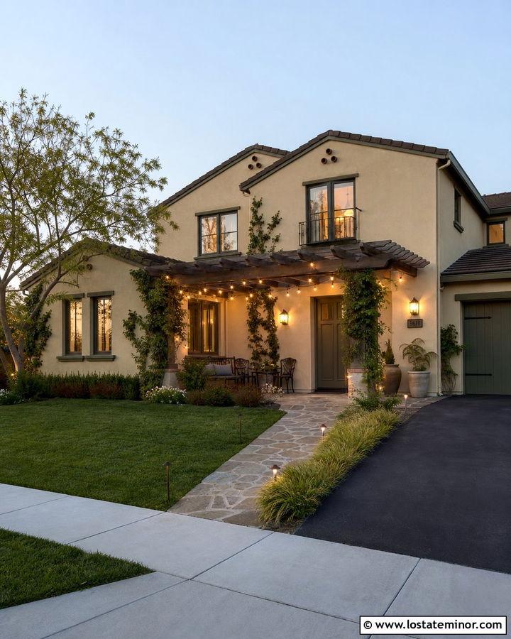 Beige House With Pergola String Lighting - 30 Beige House Design With Lighting Ideas
