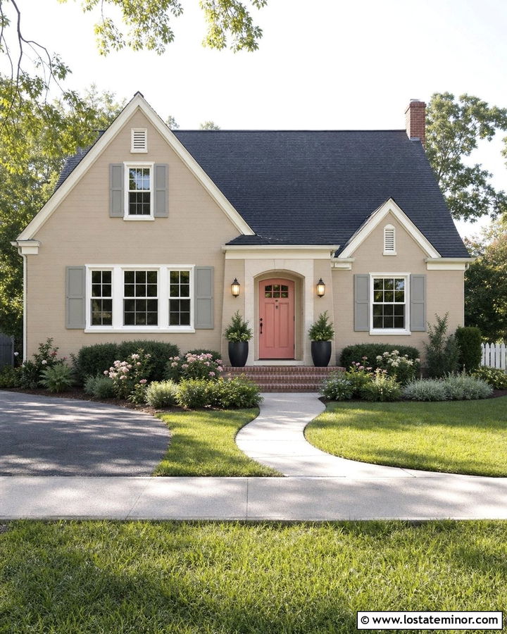 Beige House With Pink Front Door - 30 Beige House Design With Front Door Ideas