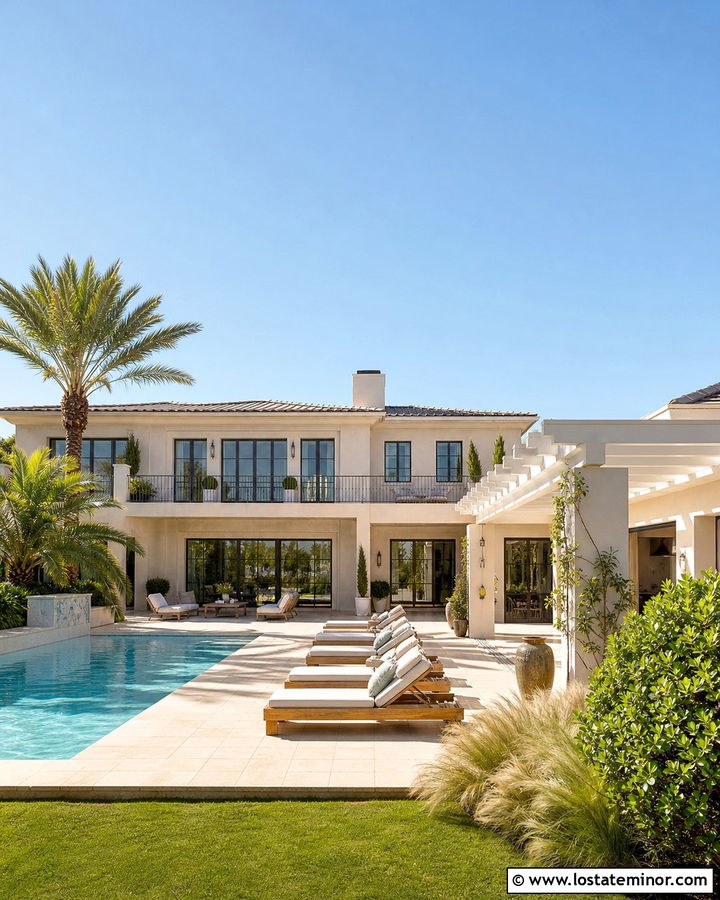 Beige House With Poolside Pergola - 30 Beige House Design With Pergola Ideas