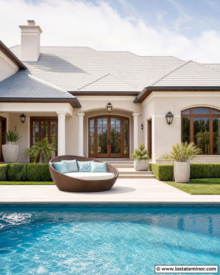 Beige House With Poolside Rattan Daybed - 30 Beige House Design With Daybed Ideas