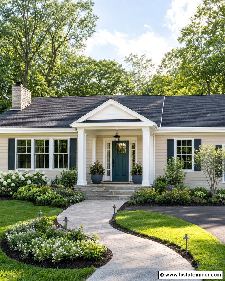 Beige House With Portico And Front Walkway - 30 Beige House Design With Portico Ideas