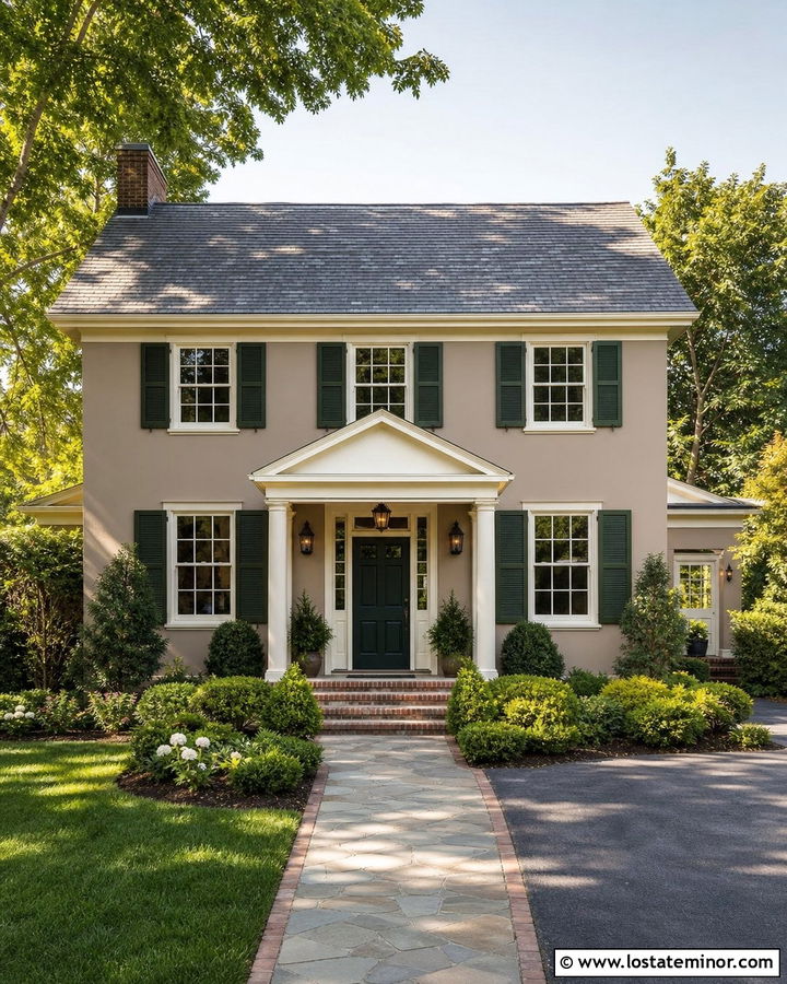 Beige House With Portico And Shutters - 30 Beige House Design With Portico Ideas