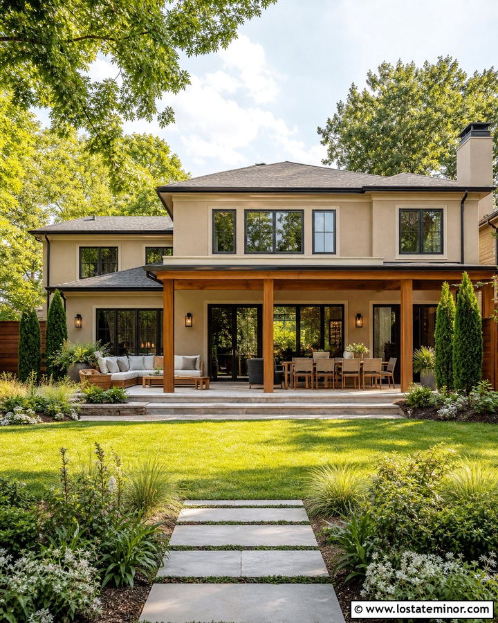Beige House With Privacy Landscaping - 30 Beige House Design With Backyard Ideas