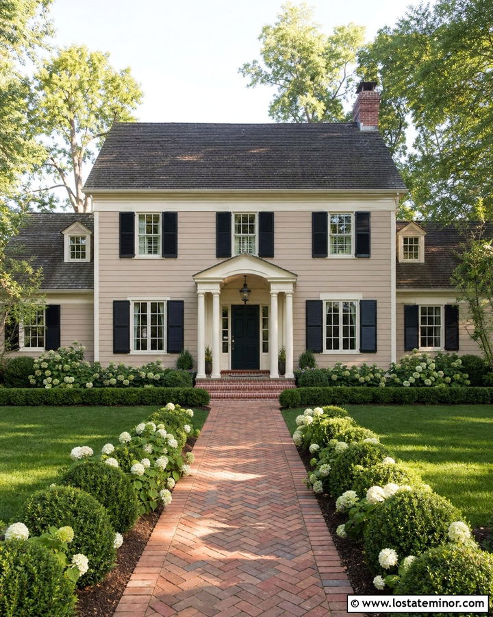 Beige House With Red Brick Walkway - 30 Beige House Design With Walkway Ideas