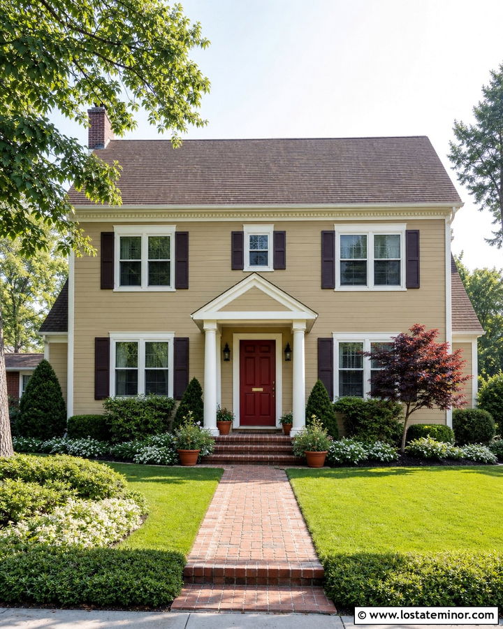 Beige House With Red Door And Brick Walkway - 30 Beige House Design With Front Yard Ideas