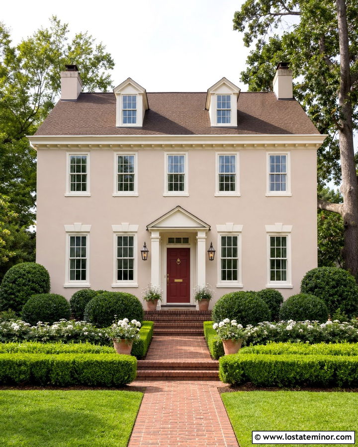 Beige House With Red Door And Green Shrubs - 30 Beige House Design With Landscaping Ideas