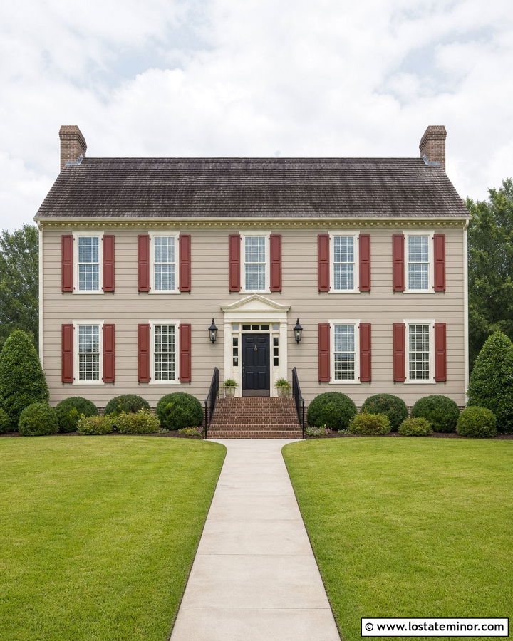 Beige House With Red Shutters And Black Door - 30 Beige House Design With Shutters Ideas