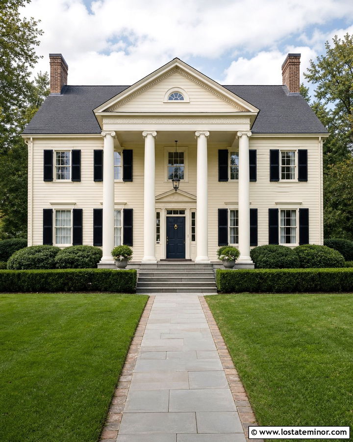 Beige House With Round Column Portico - 30 Beige House Design With Portico Ideas