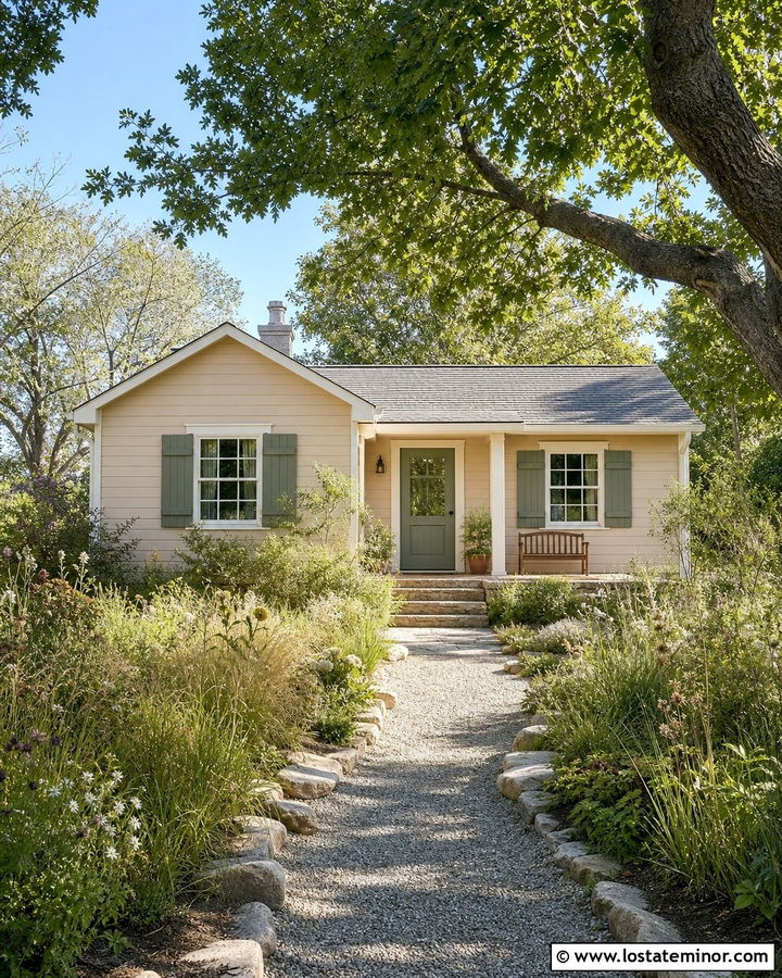 Beige House With Sage Green Door And Meadow Yard - 30 Beige House Design With Front Yard Ideas