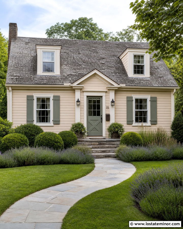 Beige House With Sage Green Shutters - 30 Beige House Design With Accents Ideas