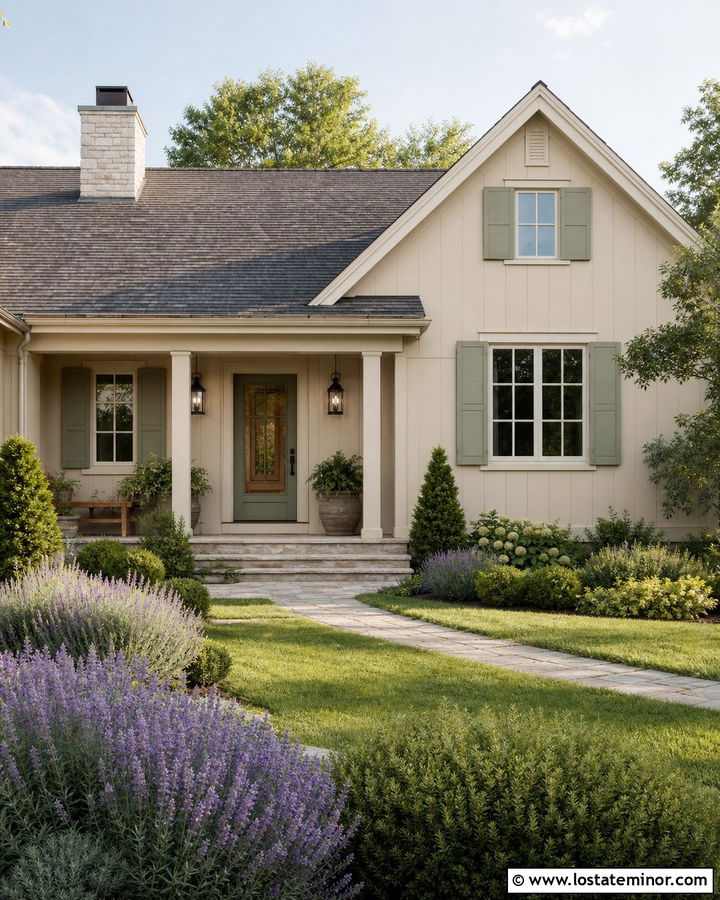 Beige House With Sage Green Storm Door - 30 Beige House Design With Storm Door Ideas
