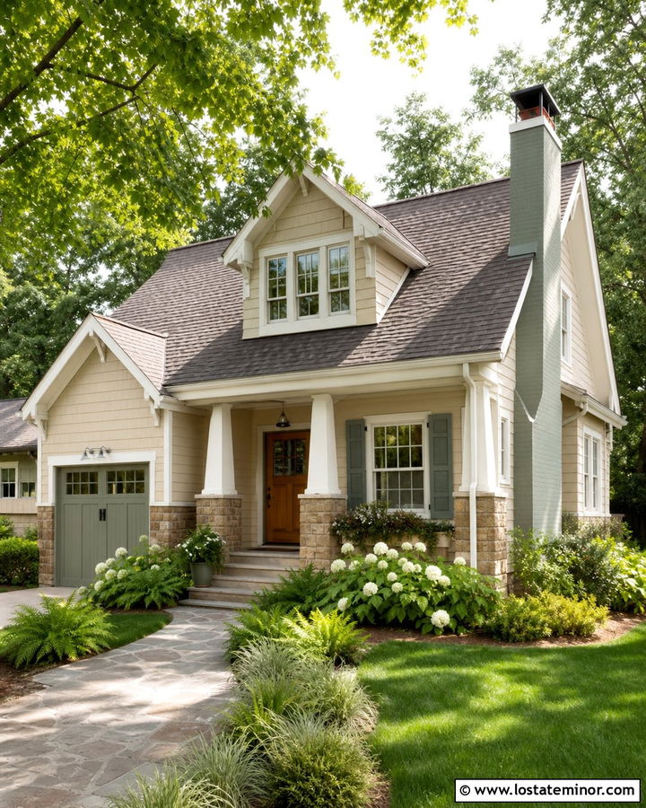 Beige House With Sage Green Trim And Chimney - 30 Beige House Design With Chimney Ideas