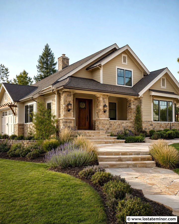 Beige House With Sandstone Steps And Wood Door - 30 Beige House Design With Steps Ideas