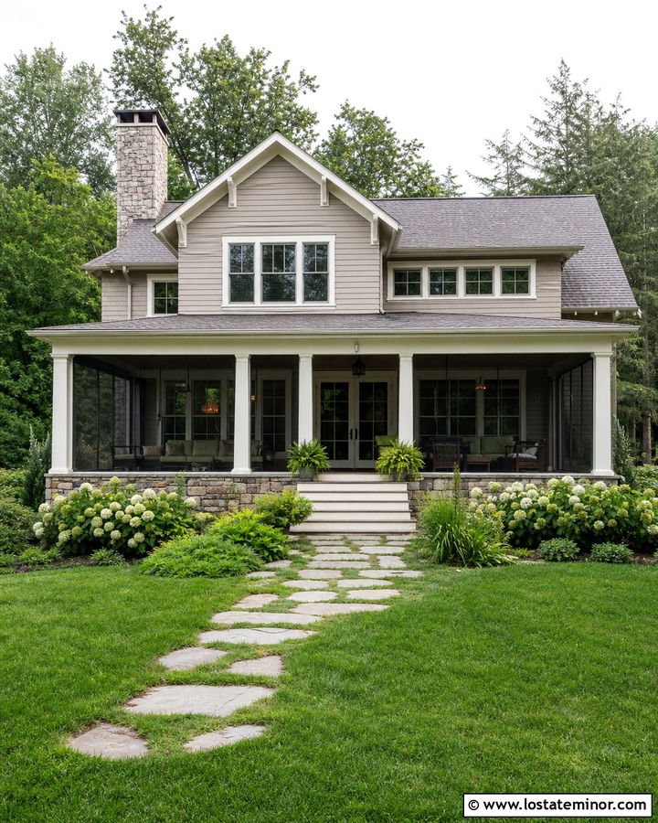 Beige House With Screened Porch - 30 Beige House Design With Backyard Ideas