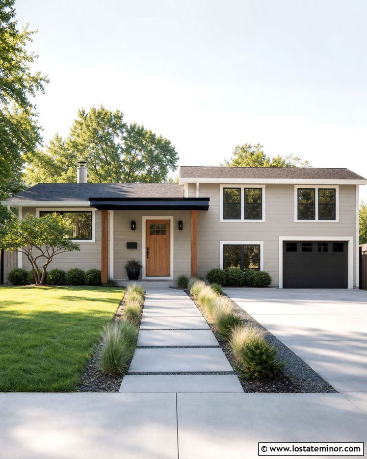 Beige House With Shed Roof Portico - 30 Beige House Design With Portico Ideas