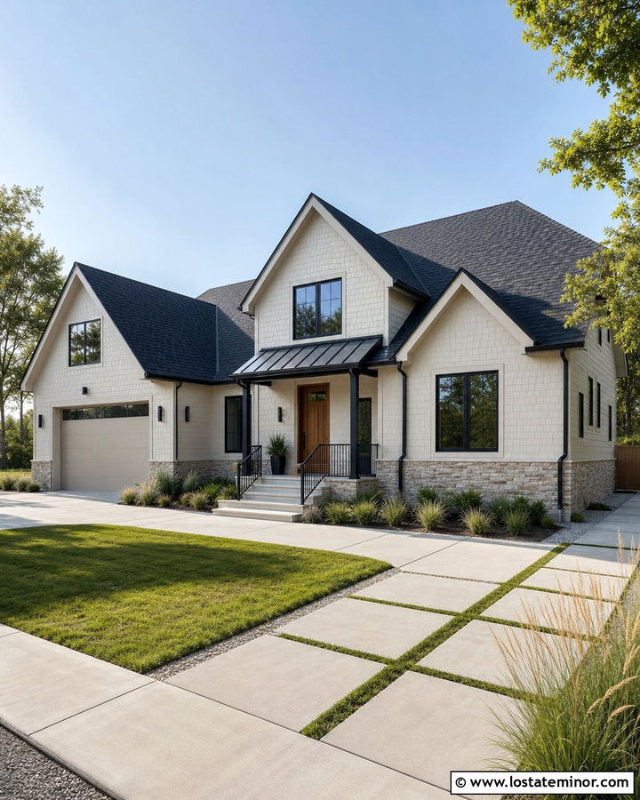 Beige House With Shingle Siding And Metal Accents - 30 Beige House Design With Shingles Ideas