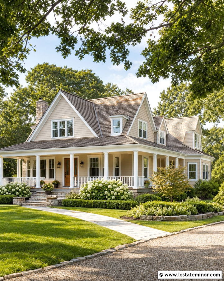 Beige House With Shingles And Wraparound Porch - 30 Beige House Design With Shingles Ideas