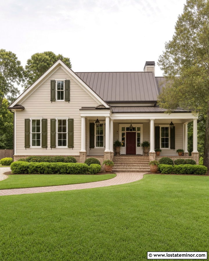 Beige House With Shutters And Brick Porch - 30 Beige House Design With Shutters Ideas