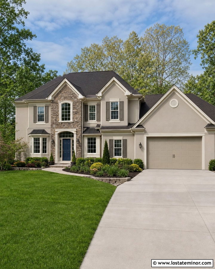 Beige House With Shutters And Matching Garage Door - 30 Beige House Design With Shutters Ideas