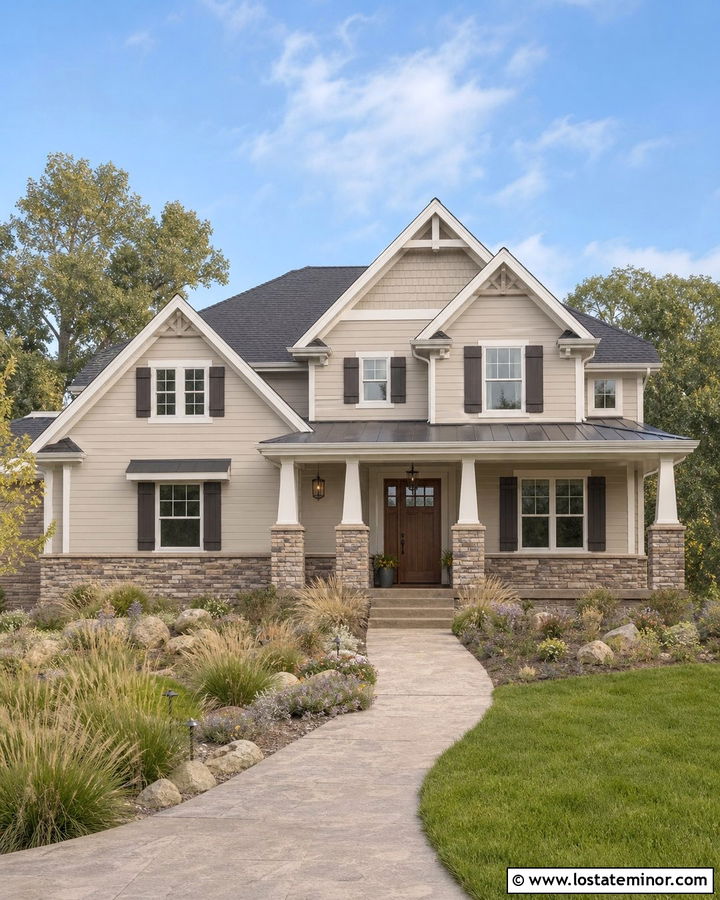 Beige House With Shutters And Stone Accents - 30 Beige House Design With Shutters Ideas
