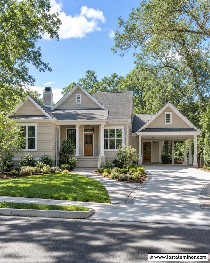 Beige House With Side Entry Carport - 30 Beige House Design With Carport Ideas