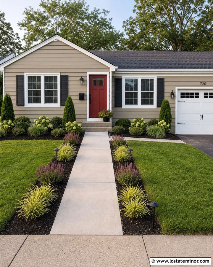 Beige House With Simple Concrete Walkway - 30 Beige House Design With Walkway Ideas