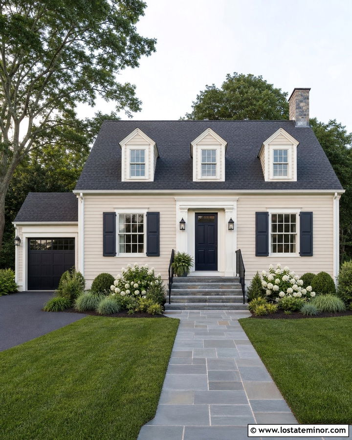 Beige House With Slate Steps And Navy Door - 30 Beige House Design With Steps Ideas