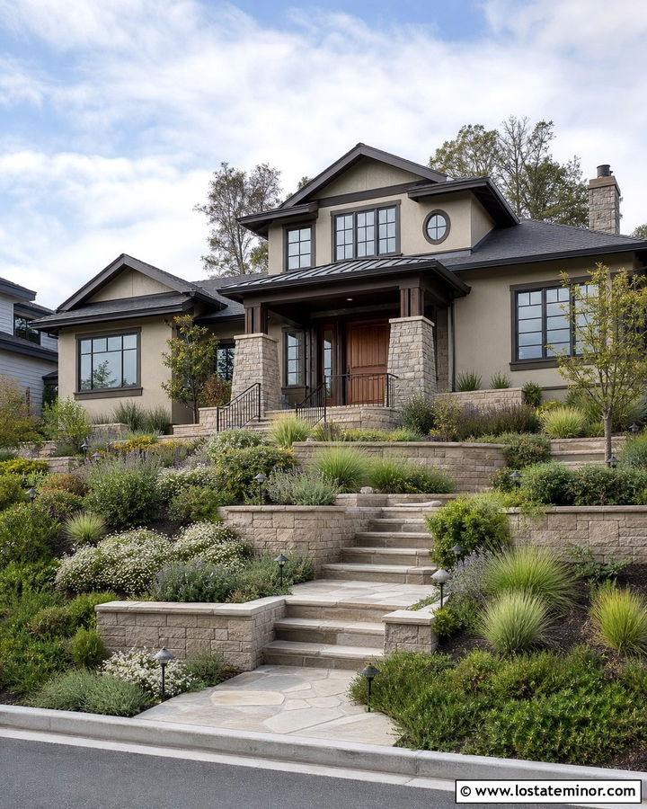 Beige House With Sloped Front Yard Landscaping - 30 Beige House Design With Landscaping Ideas