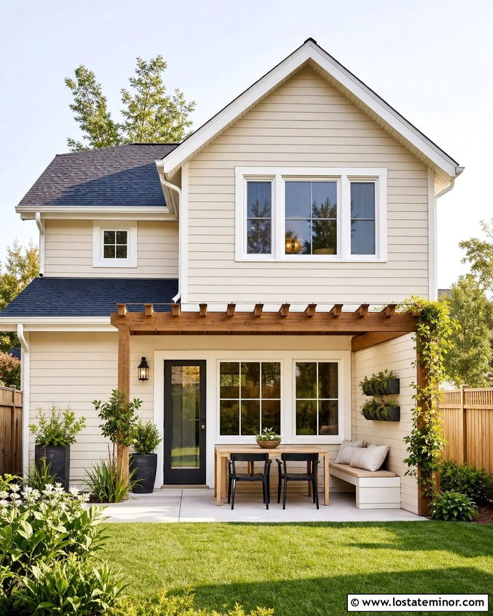 Beige House With Small Backyard Pergola - 30 Beige House Design With Pergola Ideas