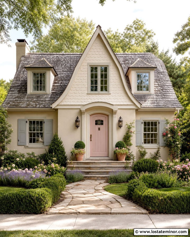 Beige House With Soft Pink Front Door - 30 Beige House Design With Entry Door Ideas