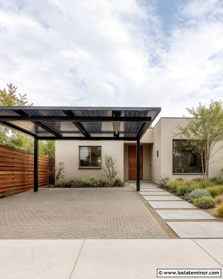Beige House With Solar Panel Carport - 30 Beige House Design With Carport Ideas
