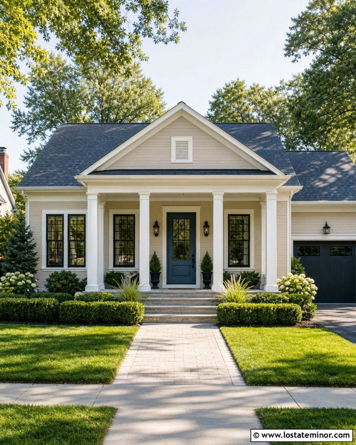 Beige House With Square Column Portico - 30 Beige House Design With Portico Ideas