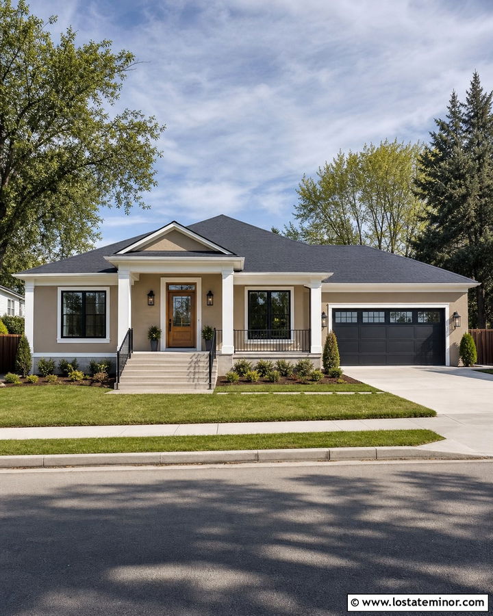 Beige House With Square Porch Columns - 30 Beige House Design With Porch Columns Ideas