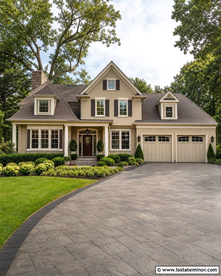 Beige House With Stamped Concrete Driveway - 30 Beige House Design With Driveway Ideas