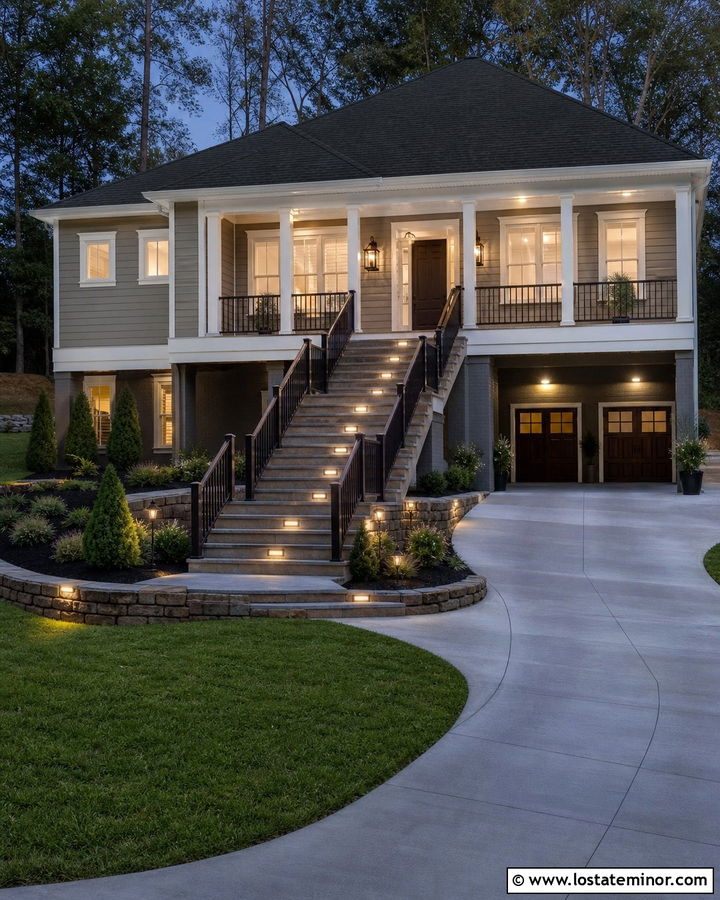 Beige House With Step And Railing Lights - 30 Beige House Design With Lighting Ideas