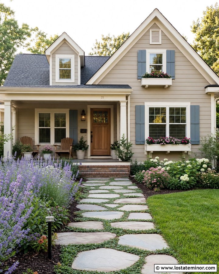 Beige House With Stepping Stone Walkway - 30 Beige House Design With Walkway Ideas