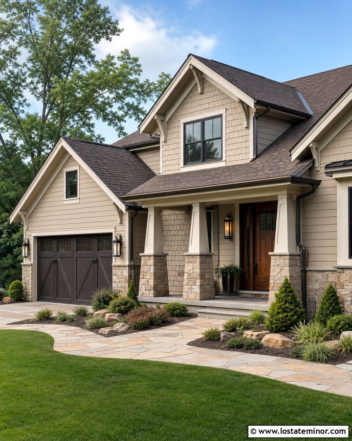 Beige House With Stone Accents And Bronze Sconces - 30 Beige House Design With Light Fixtures Ideas